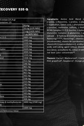 Kevin Levrone Levro Recovery supplement ingredient list, highlighting amino acids and vitamins for optimal recovery.